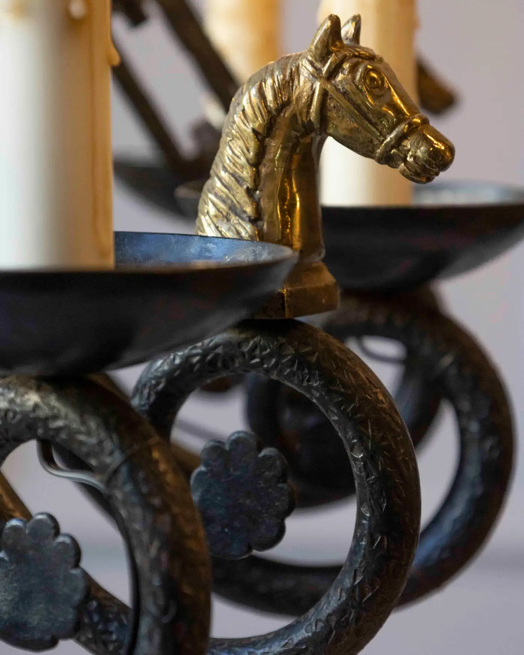 20th-Century French Wrought Iron Chandelier with Horse-Head Details