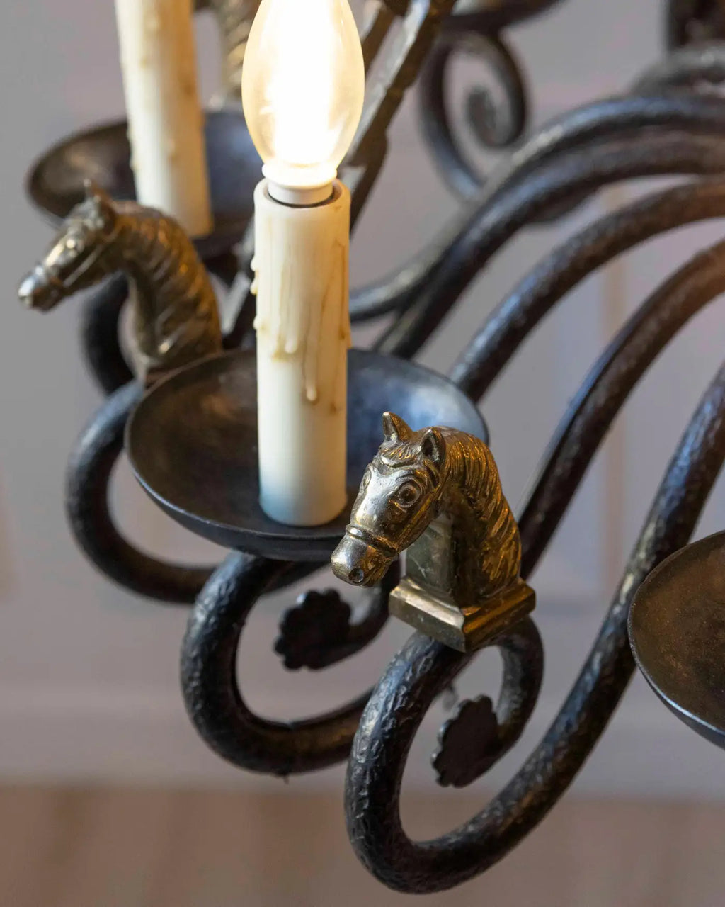 20th-Century French Wrought Iron Chandelier with Horse-Head Details
