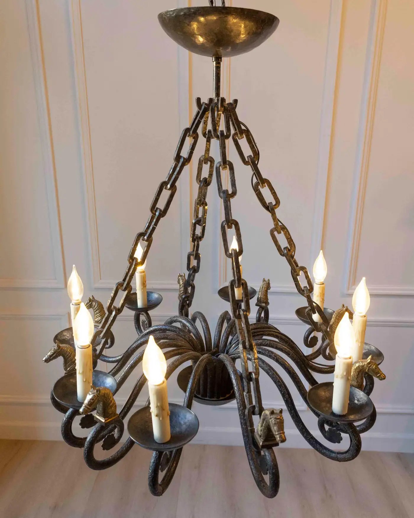 20th-Century French Wrought Iron Chandelier with Horse-Head Details