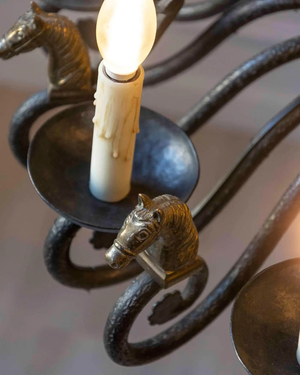 20th-Century French Wrought Iron Chandelier with Horse-Head Details