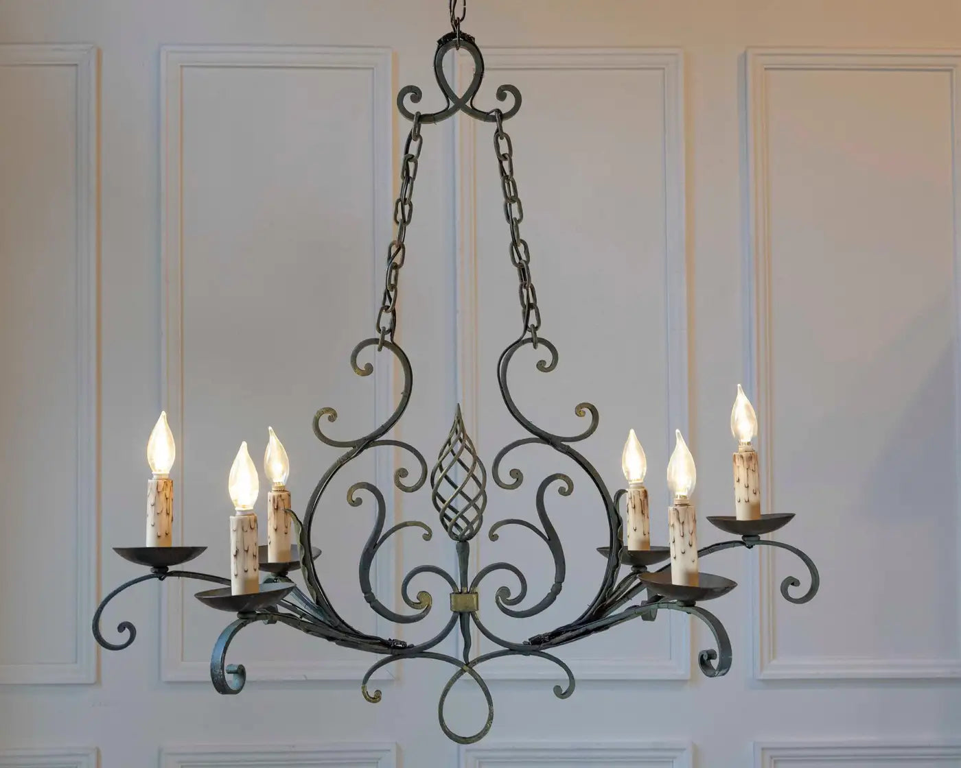 French 19th Century Six-Light Iron Chandelier with Spiral and Scrolling Arms