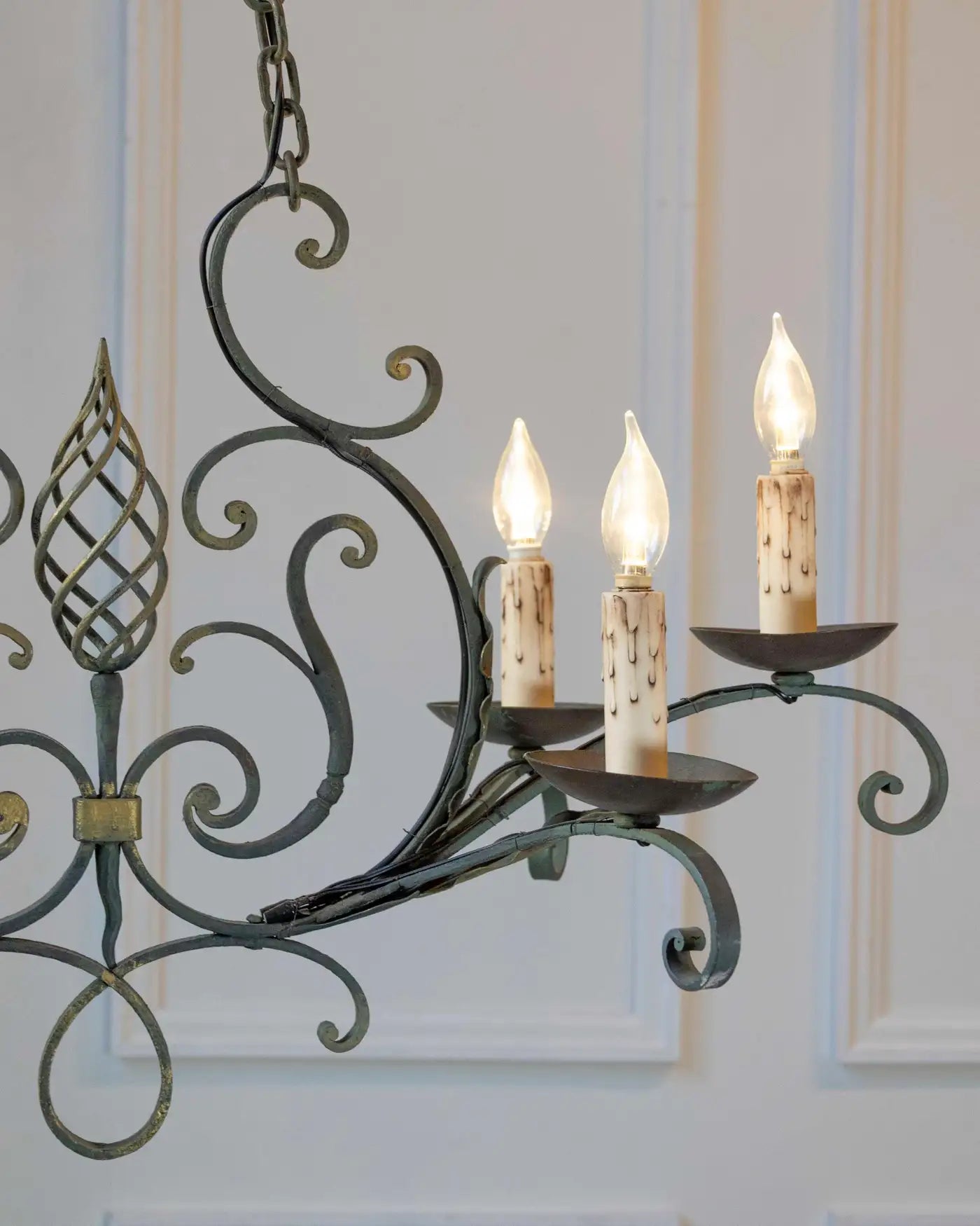 French 19th Century Six-Light Iron Chandelier with Spiral and Scrolling Arms