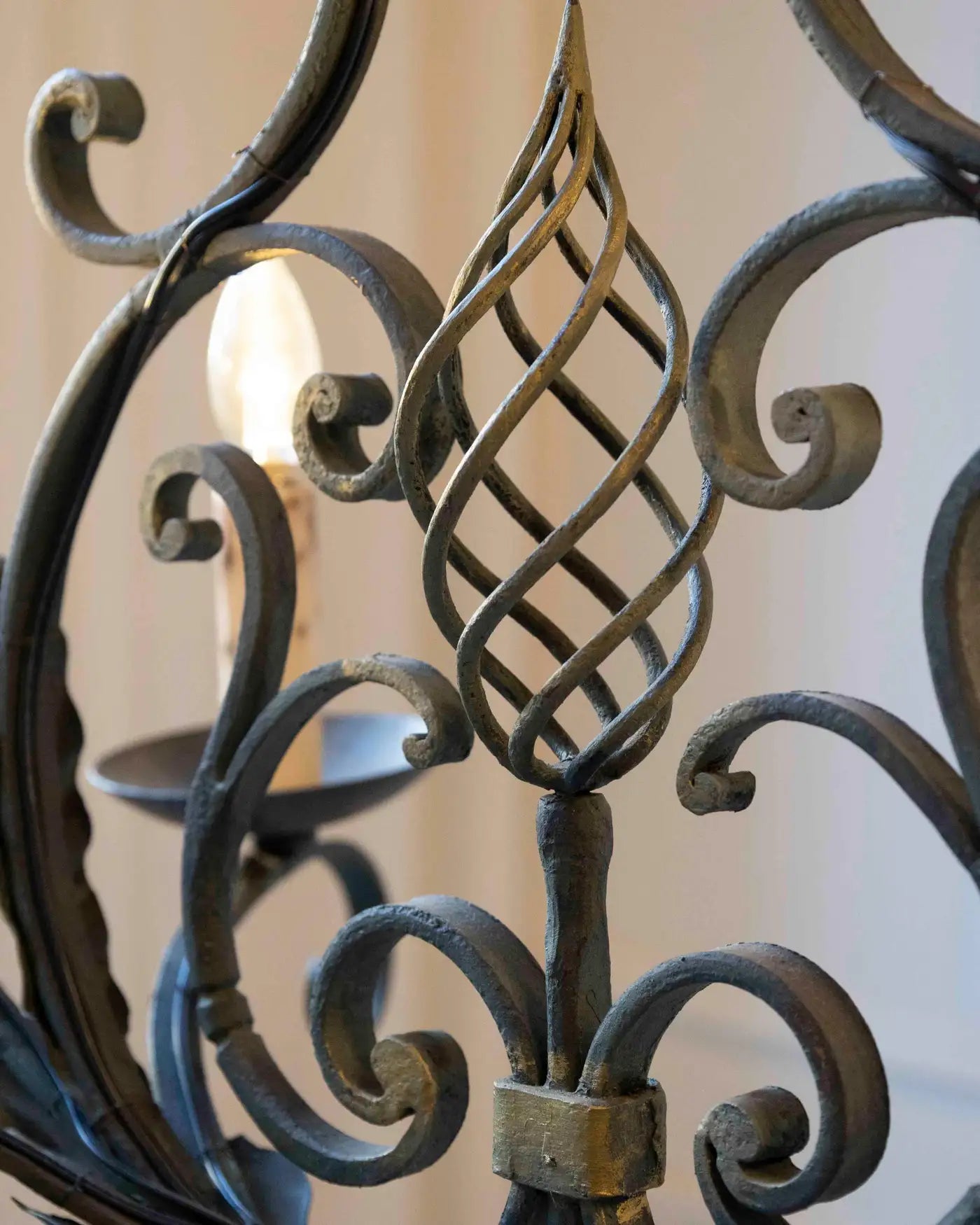 French 19th Century Six-Light Iron Chandelier with Spiral and Scrolling Arms