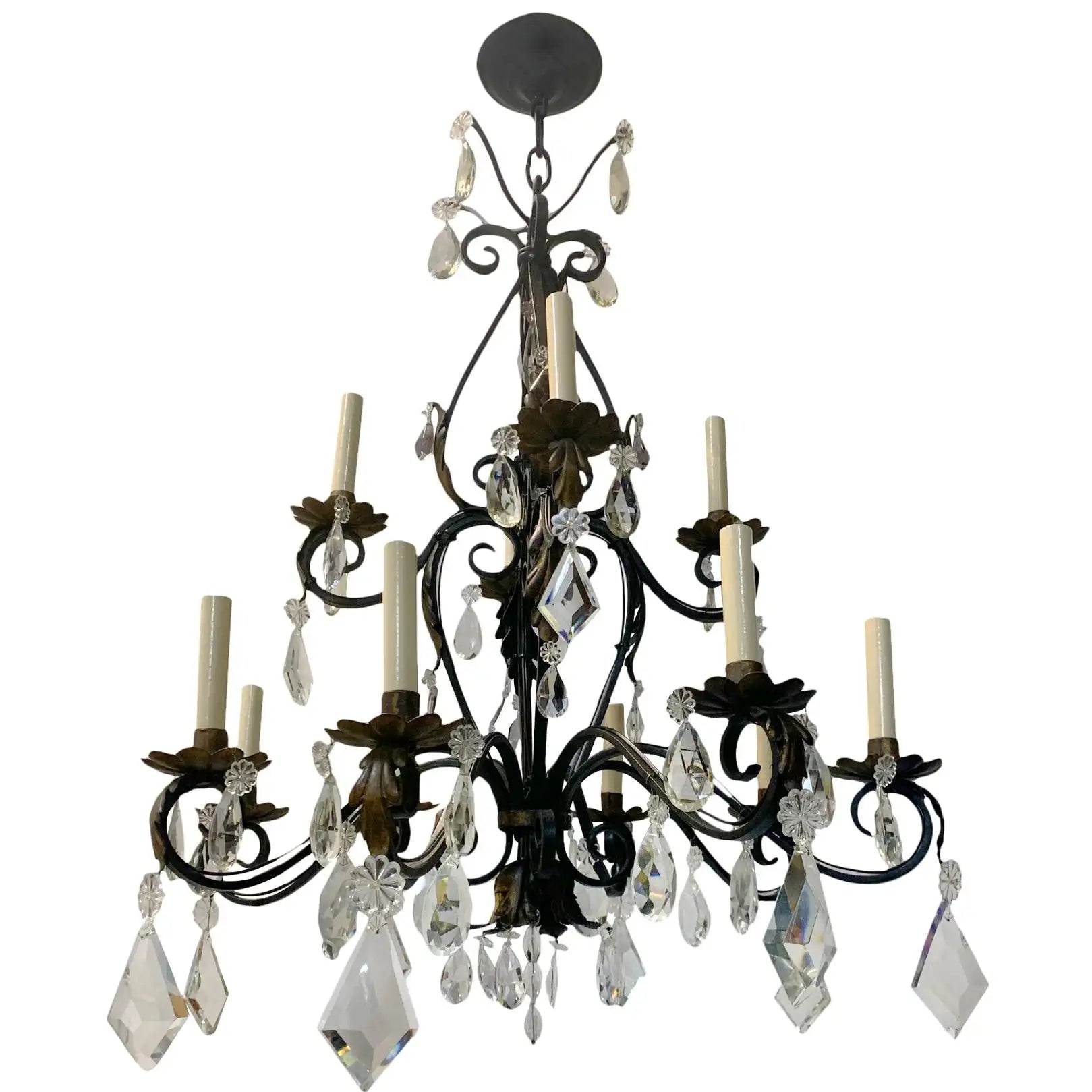 Antique French Wrought Iron Chandelier with Crystals