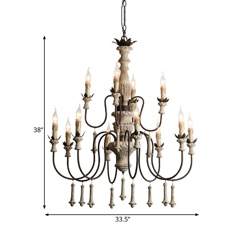 Rustic Brown 2-Tier Wood Chandelier Pendant Light - 12 Heads, Curved Metal Arm - for Living Room