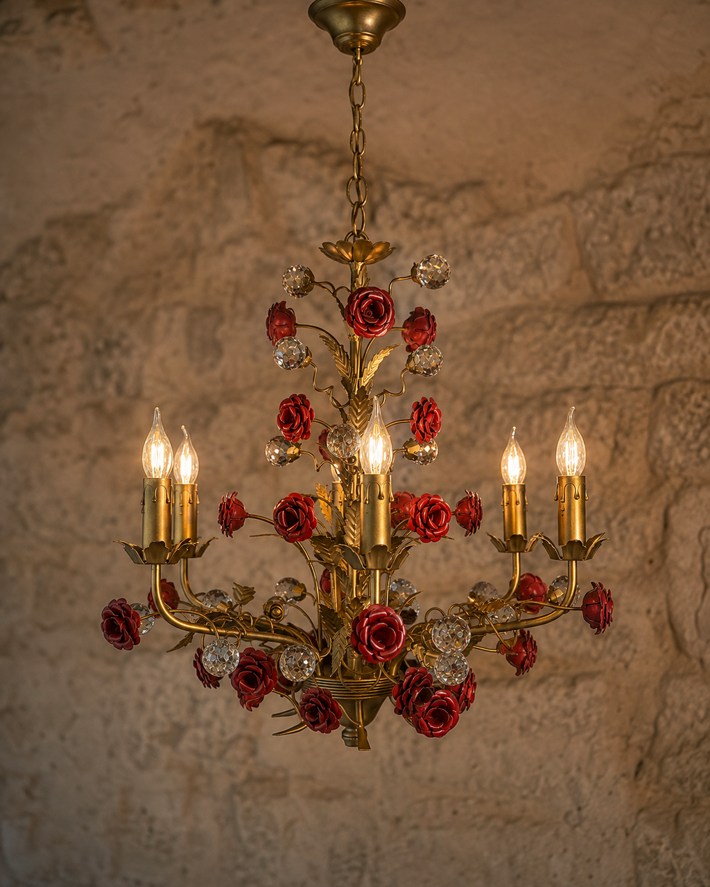 Floral Rose Chandelier - 6 Light Antique Gold Chandelier with Red Rose and Crystal Detail - View 1