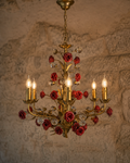 Floral Rose Chandelier - 6 Light Antique Gold Chandelier with Red Rose and Crystal Detail - View 1