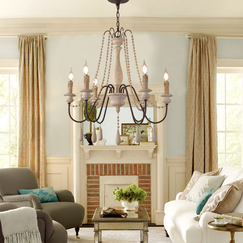 Rustic Wood Chandelier with 6 Bulbs and Bead Strand - Rural Candle Pendulum Light in White