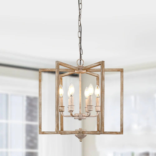 Handcrafted 6-light solid wood chandelier adjustable pendant