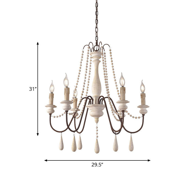 Rustic Wood Chandelier with 6 Bulbs and Bead Strand - Rural Candle Pendulum Light in White