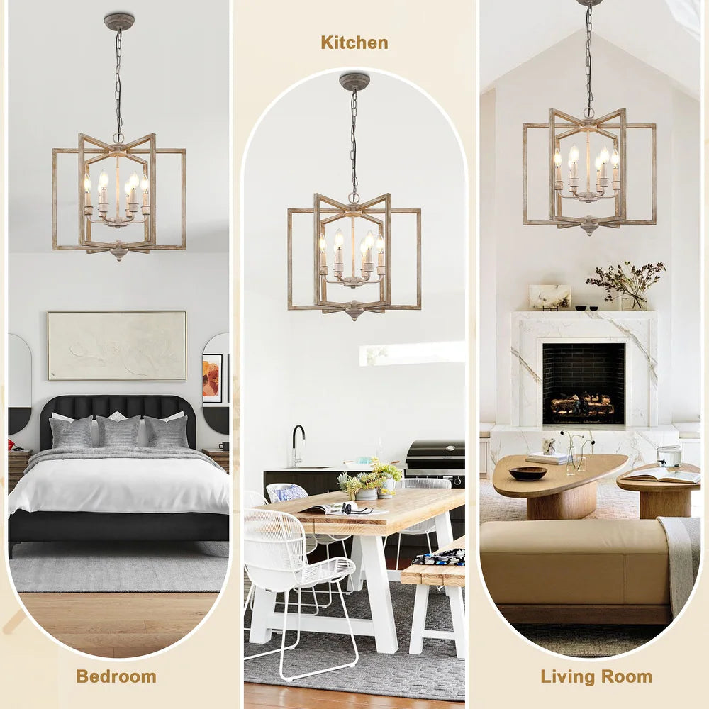 6-Light Solid Wood Chandelier Adjustable Pendant Lighting for Dining Room Bedroom Kitchen Island