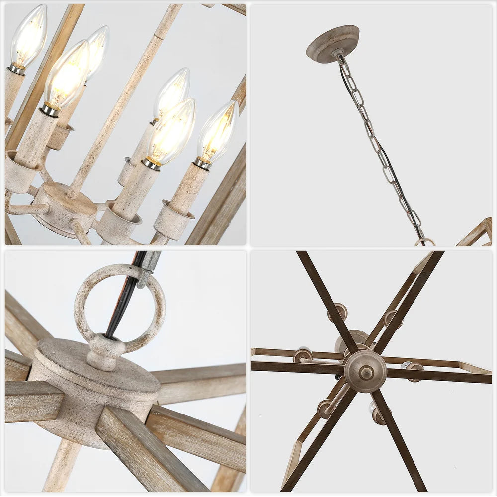 6-Light Solid Wood Chandelier Adjustable Pendant Lighting for Dining Room Bedroom Kitchen Island