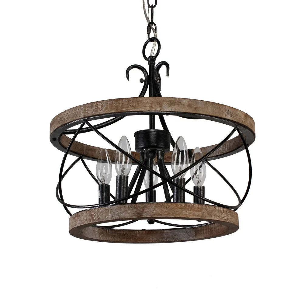 Rustic Cage Wood Chandelier Dimmable Lighting Farmhouse Adjustable Pendant Light for Kitchen Island