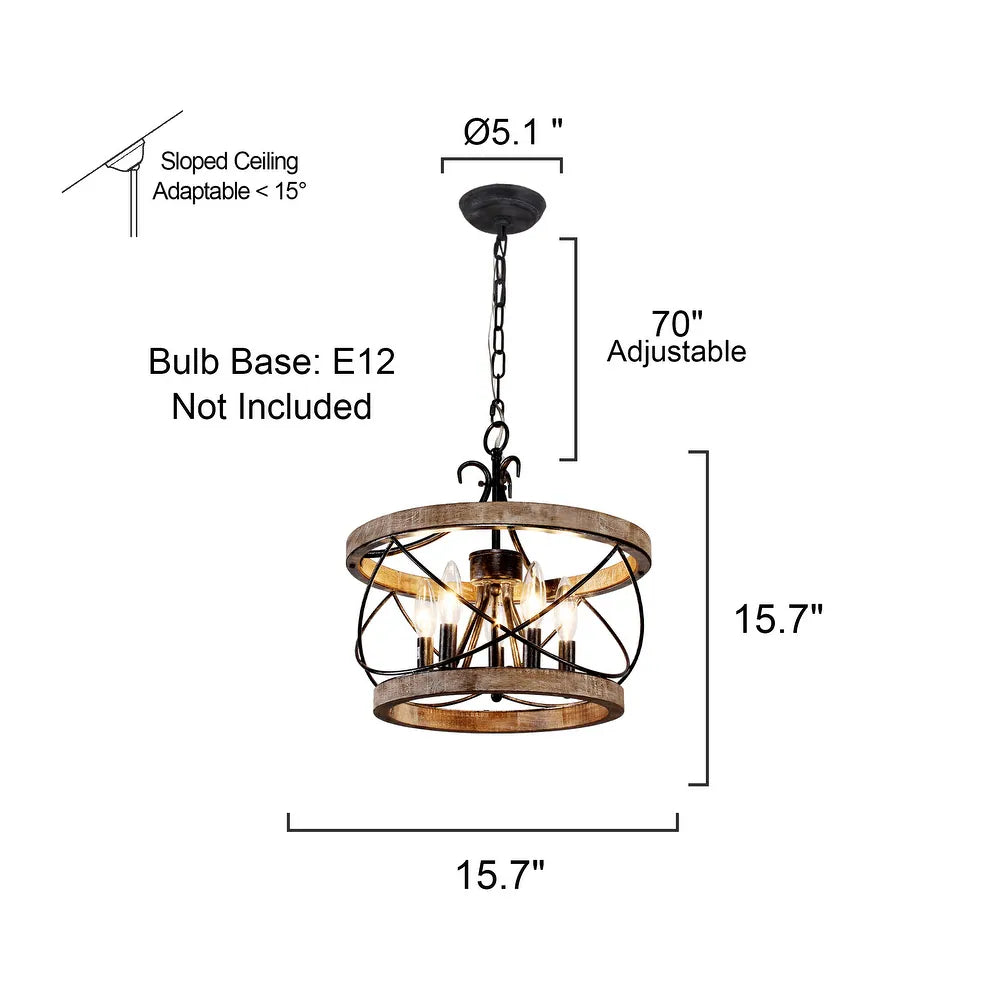 Rustic Cage Wood Chandelier Dimmable Lighting Farmhouse Adjustable Pendant Light for Kitchen Island