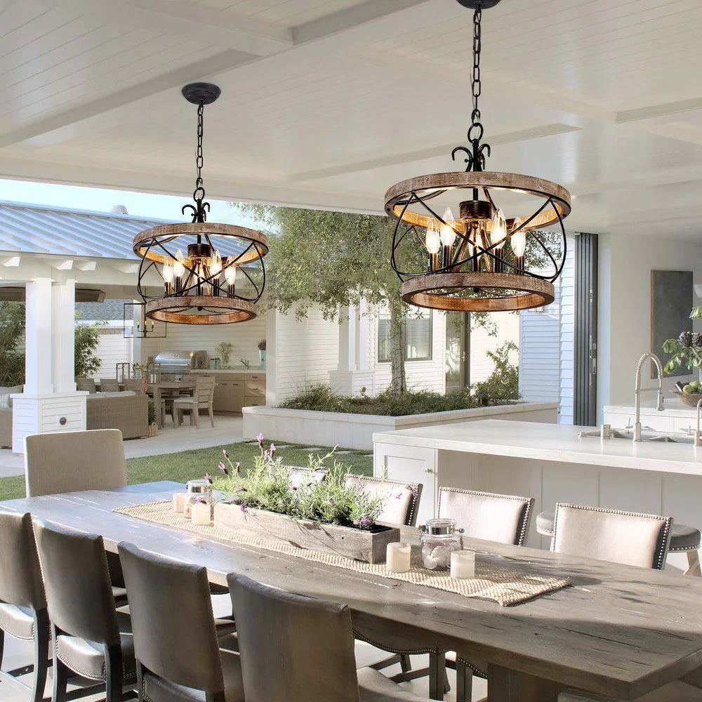Rustic Cage Wood Chandelier Dimmable Lighting Farmhouse Adjustable Pendant Light for Kitchen Island