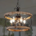 Rustic Cage Wood Chandelier Dimmable Lighting Farmhouse Adjustable Pendant Light for Kitchen Island