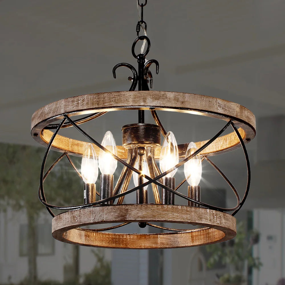 Rustic Cage Wood Chandelier Dimmable Lighting Farmhouse Adjustable Pendant Light for Kitchen Island