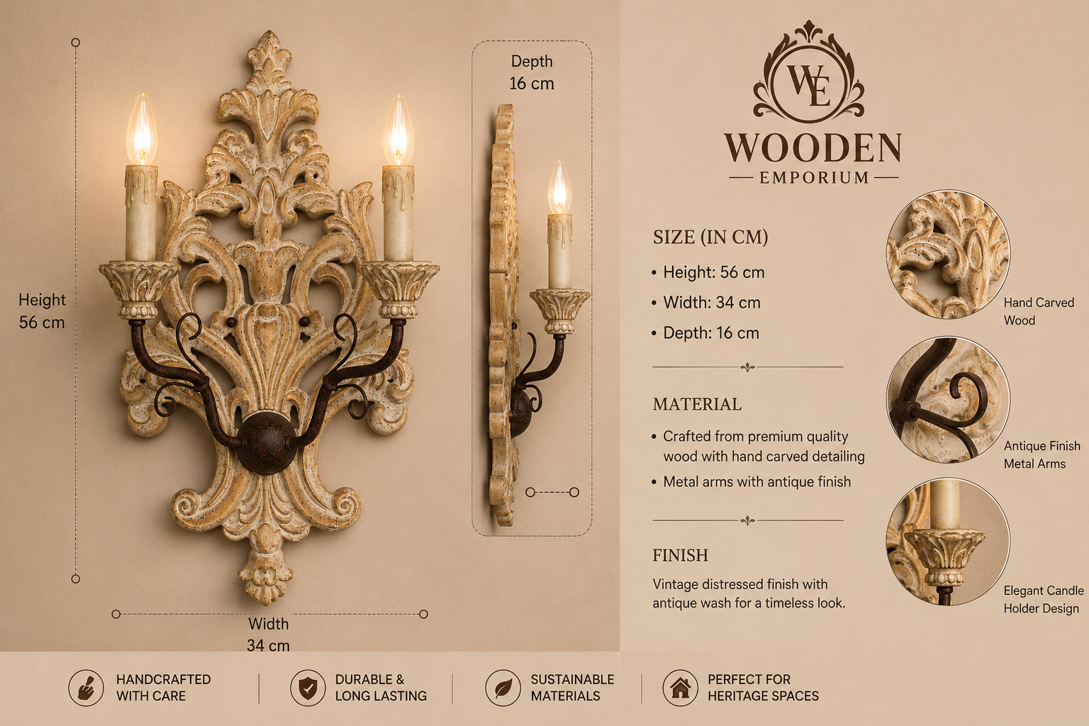 Vintage Crown Wooden Wall Lamp