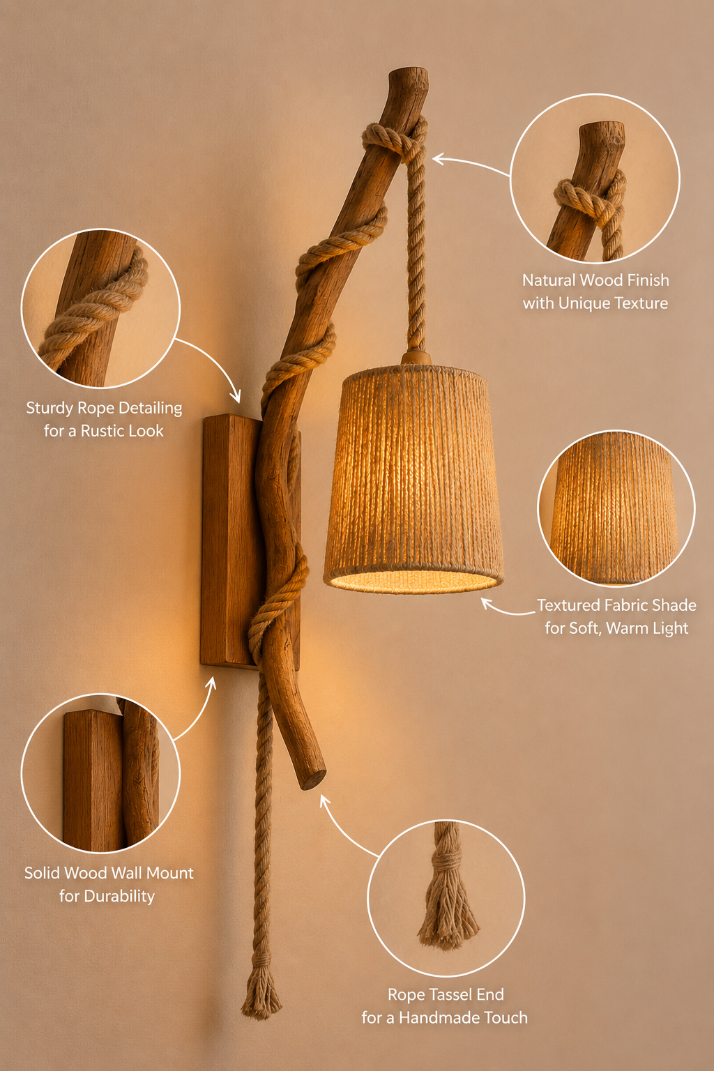Rustic rope wood wall scone