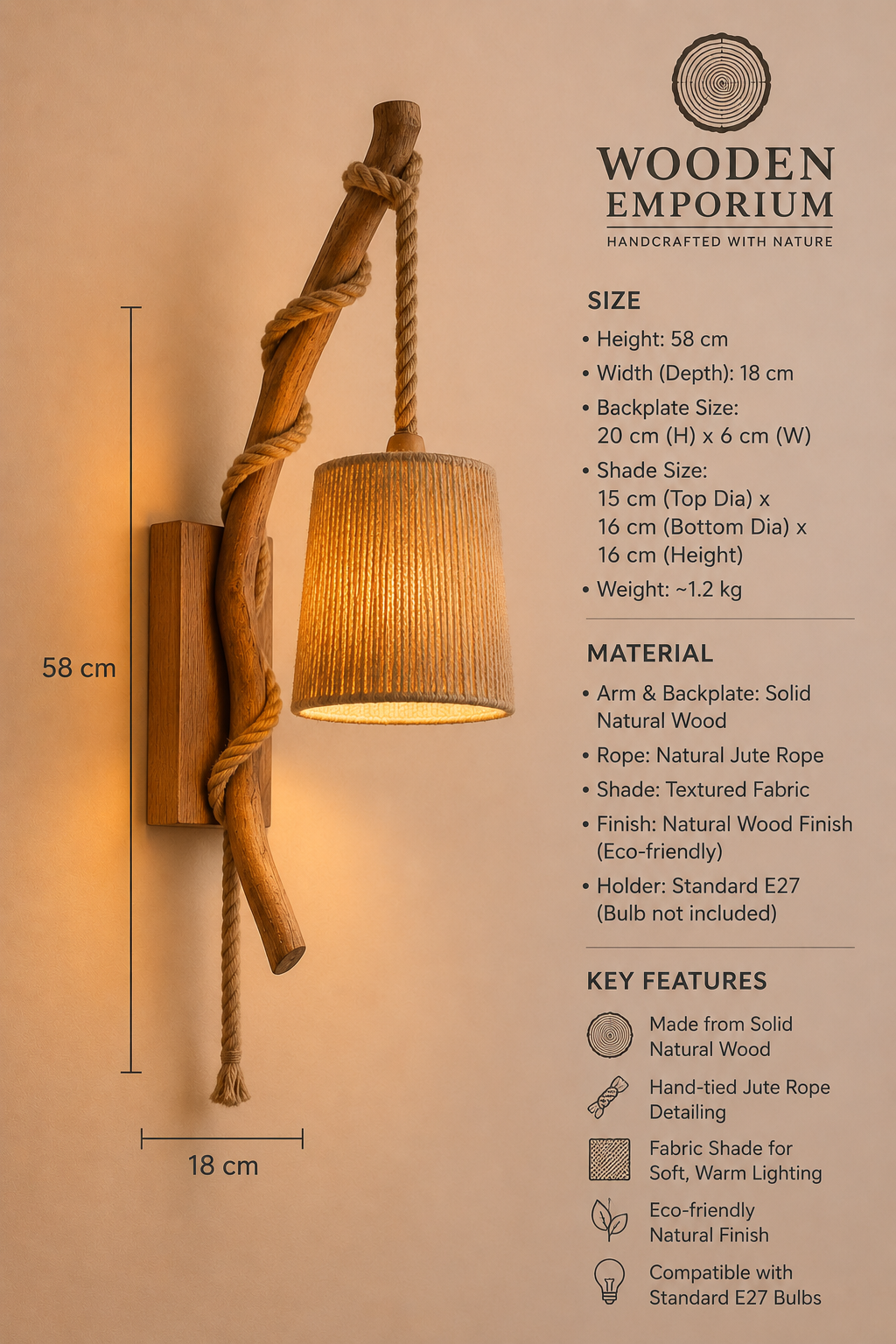 Rustic rope wood wall scone