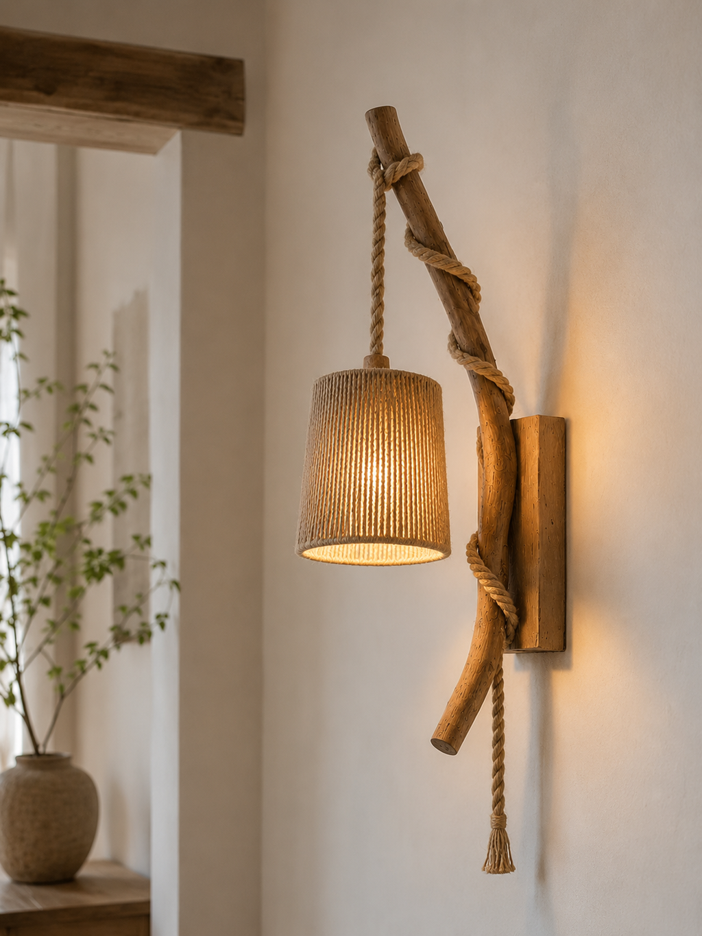 Rustic rope wood wall scone