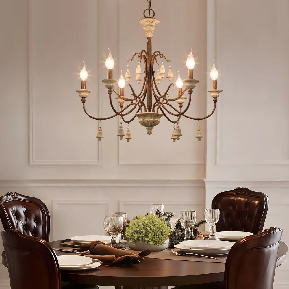 Farmhouse 6-Light Wood Chandelier French Country Candle Ceiling Light for Dining Room