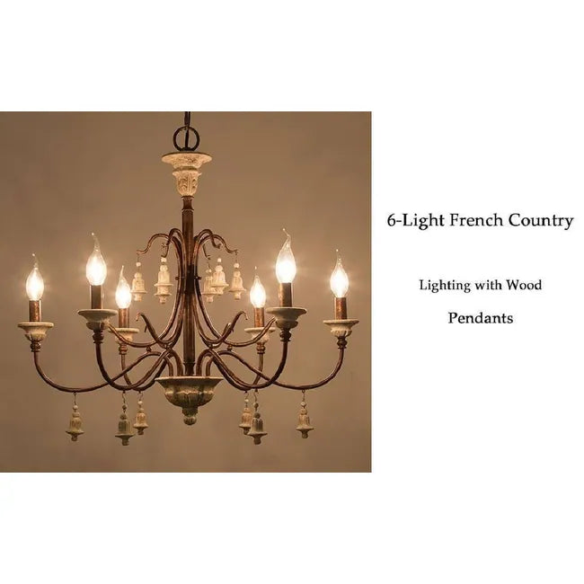 Farmhouse 6-Light Wood Chandelier French Country Candle Ceiling Light for Dining Room