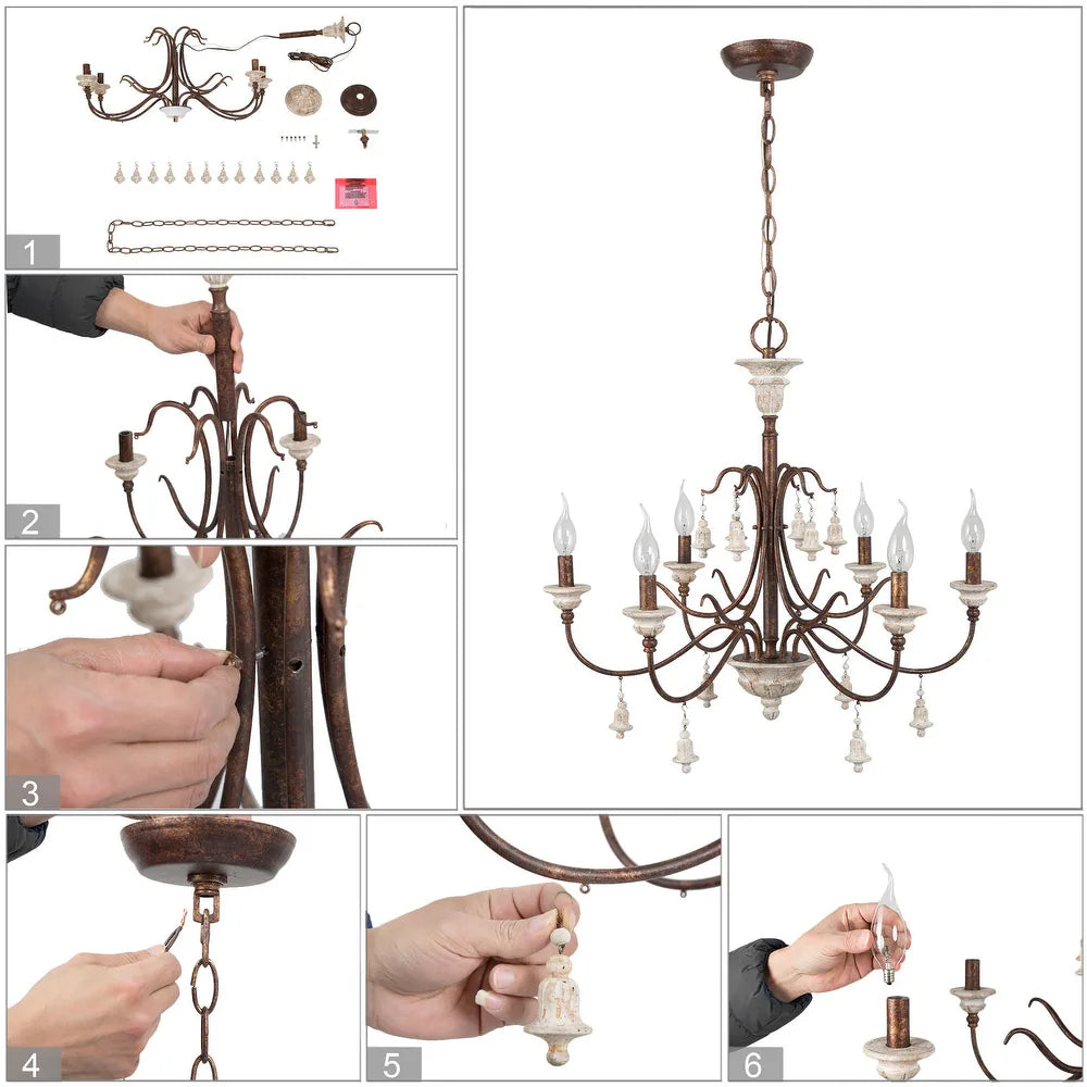 Farmhouse 6-Light Wood Chandelier French Country Candle Ceiling Light for Dining Room