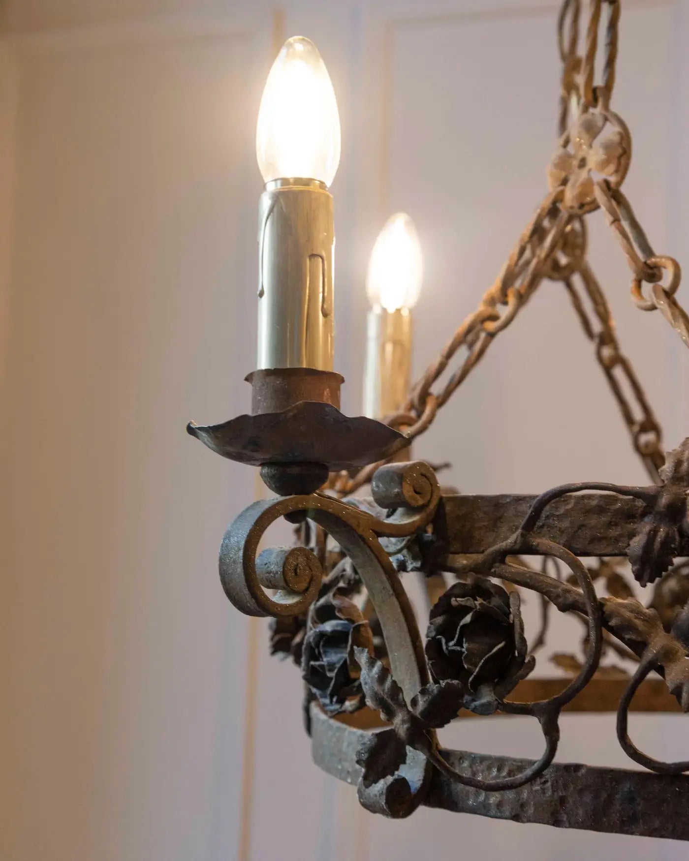French 19th Century Four-Light Iron Ring Chandelier with Flowers and Vines