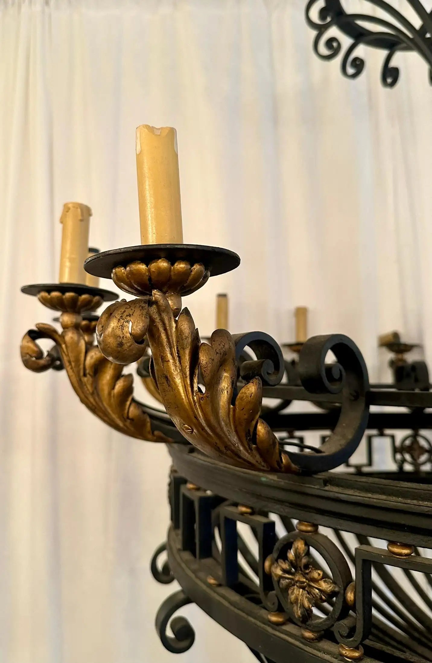 Grand Scale Antique French Wrought Iron Chandelier, Circa 1900.