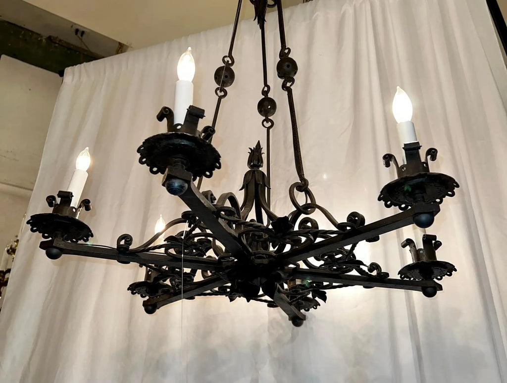 Antique French Wrought Iron Chandelier, Circa 1900-1910.