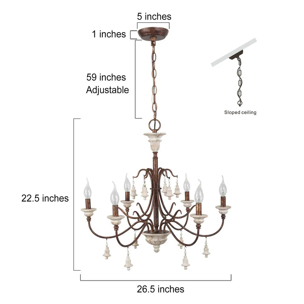 Farmhouse 6-Light Wood Chandelier French Country Candle Ceiling Light for Dining Room