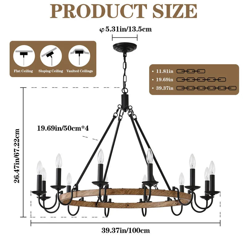 Rustic Wagon Wheel Chandelier Candle Farmhouse Faux Wood Light Fixture Black