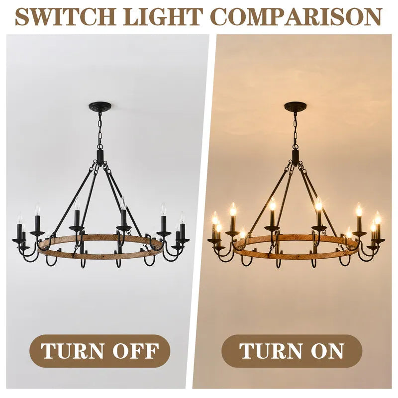 Rustic Wagon Wheel Chandelier Candle Farmhouse Faux Wood Light Fixture Black