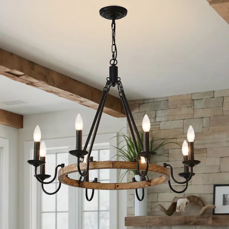 Rustic Wagon Wheel Chandelier Candle Farmhouse Faux Wood Light Fixture Black