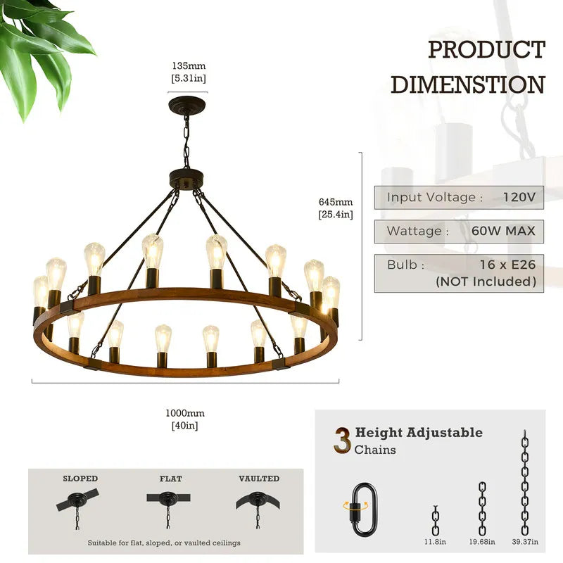 Rustic Wagon Wheel Chandelier Farmhouse Wood Chandelier Round