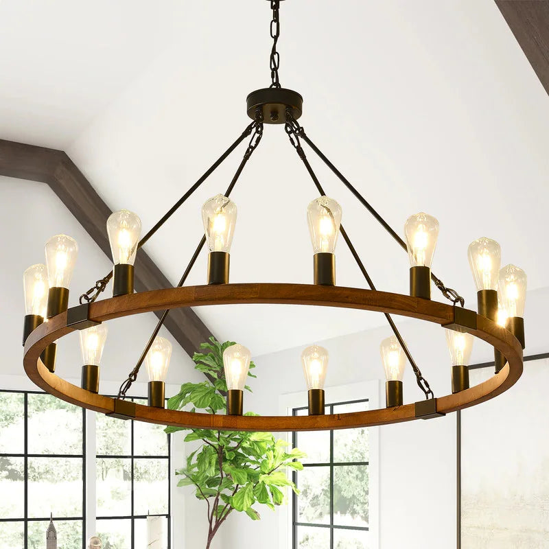 Rustic Wagon Wheel Chandelier Farmhouse Wood Chandelier Round