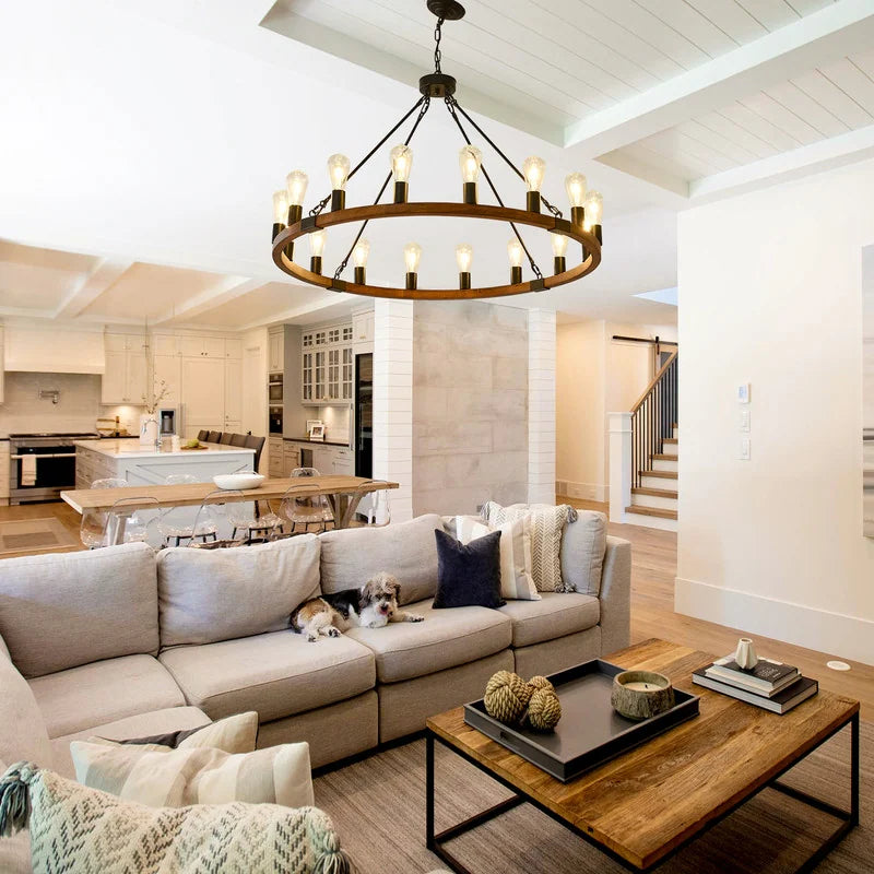 Rustic Wagon Wheel Chandelier Farmhouse Wood Chandelier Round