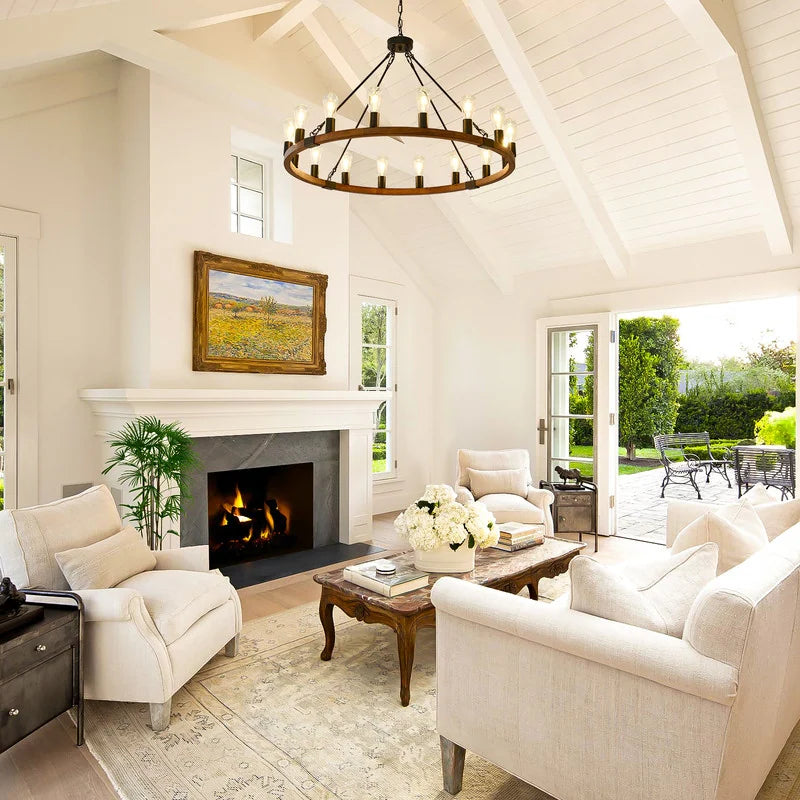 Rustic Wagon Wheel Chandelier Farmhouse Wood Chandelier Round