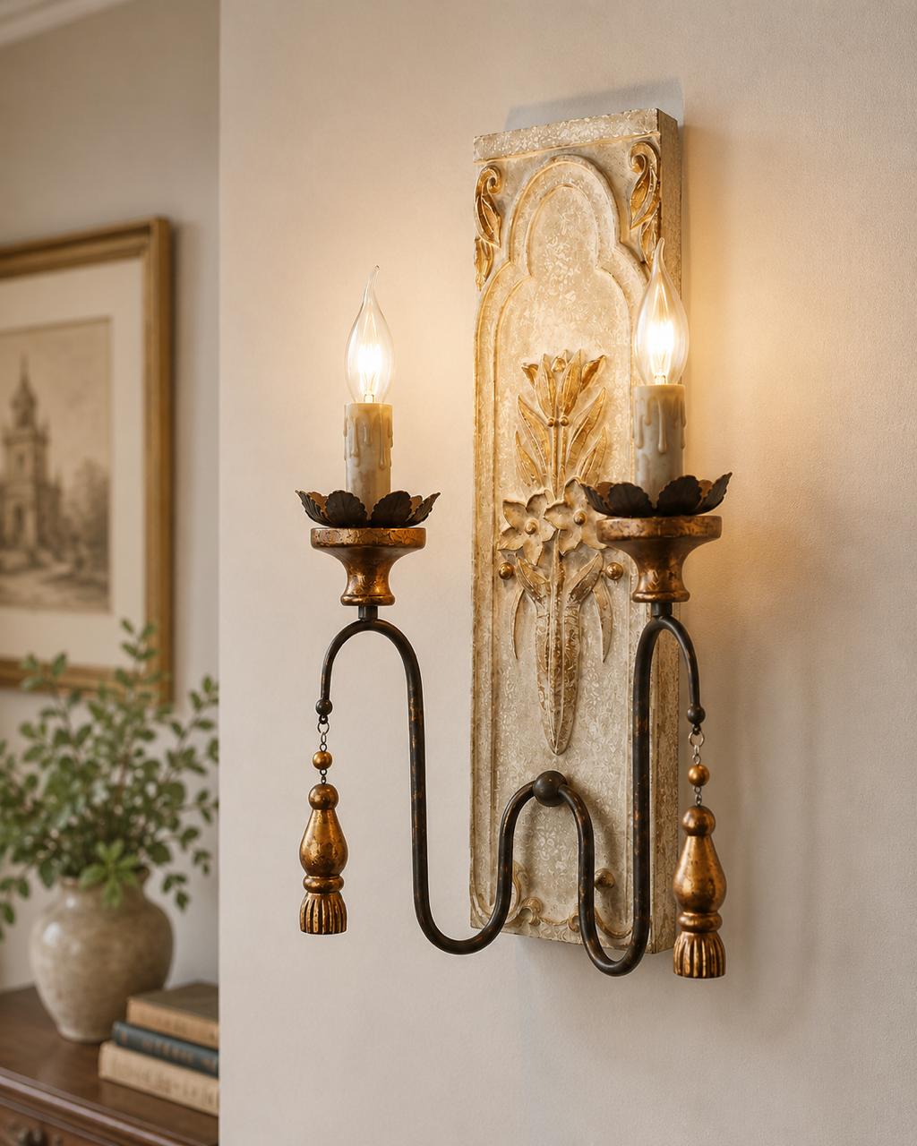 Vintage Ivory & Gold Iron double arm Wall Light by Wooden Emporium