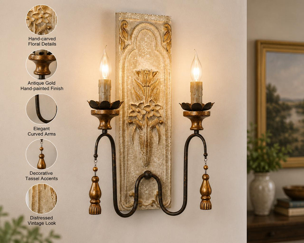 Vintage Ivory & Gold Iron double arm Wall Light by Wooden Emporium