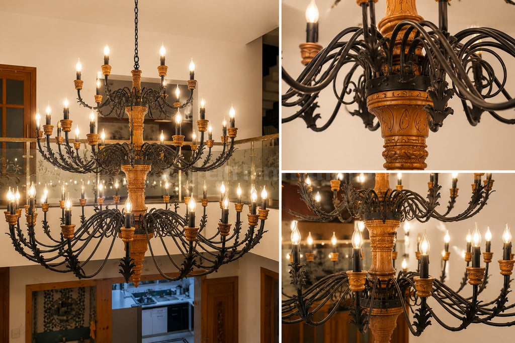 Luxury teak wood and mild steel chandelier