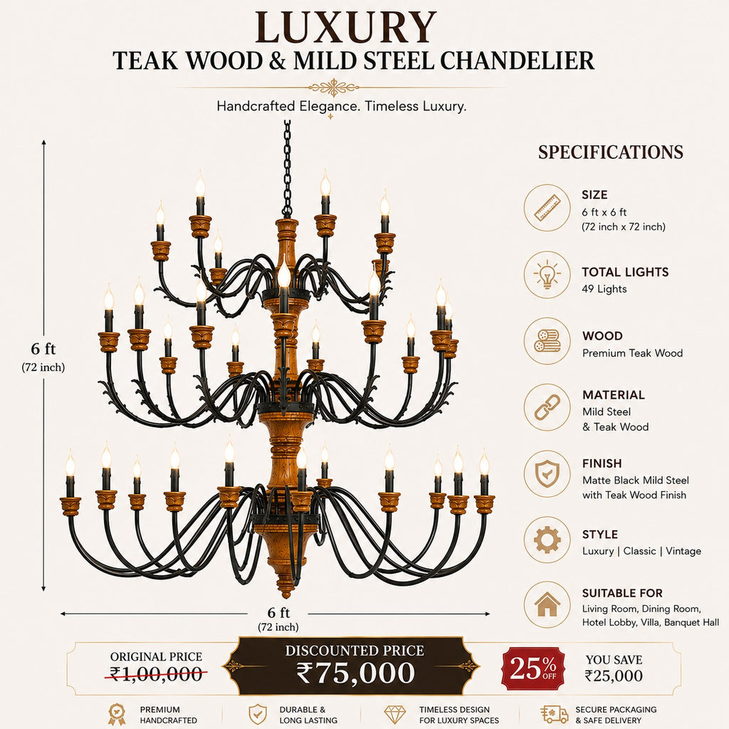 Luxury teak wood and mild steel chandelier