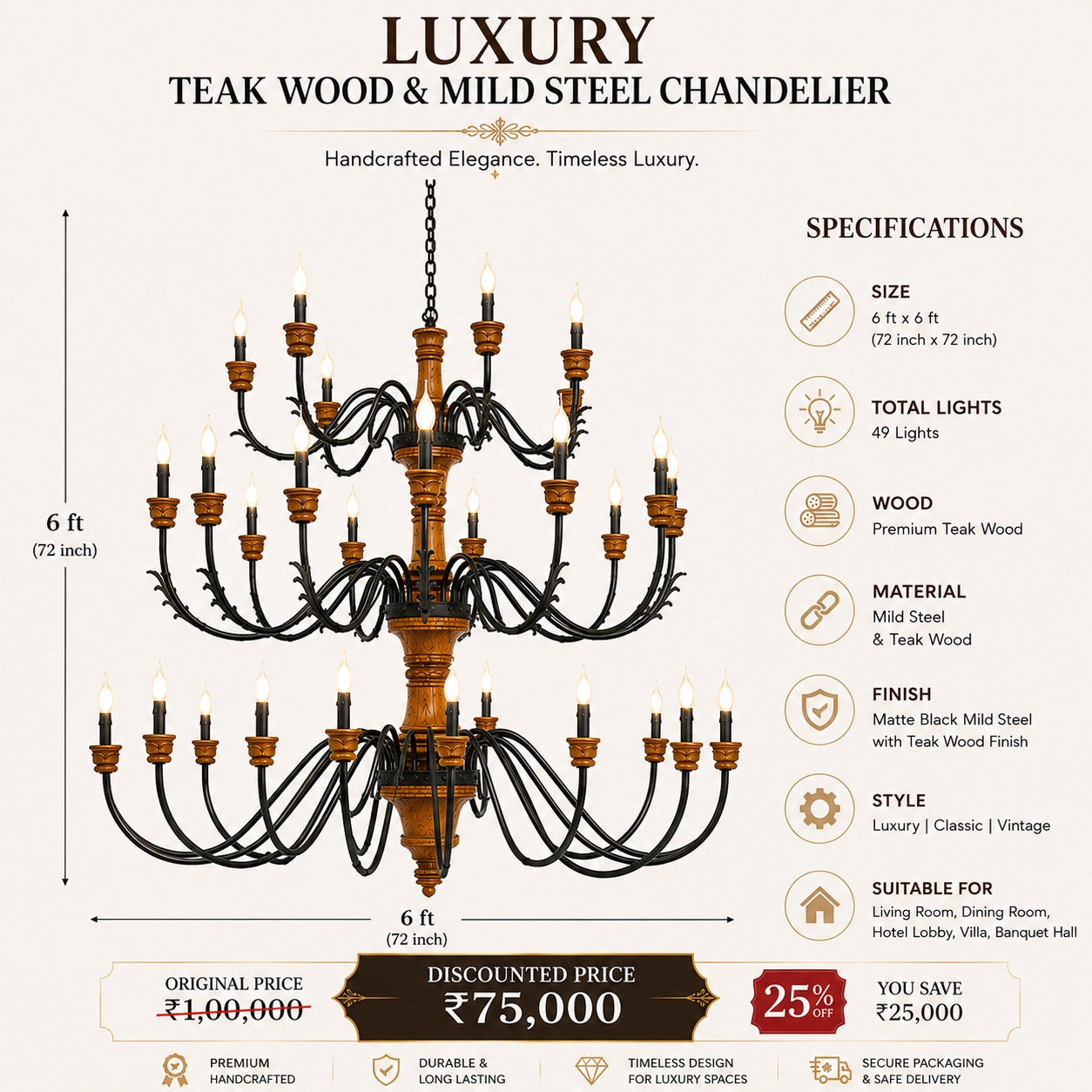 Luxury teak wood and mild steel chandelier