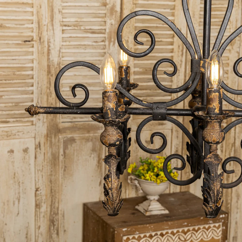 Vintage Wrought Iron 6-Light Candle Chandelier - Elegant Matte Black Fixture For Farmhouse Decor