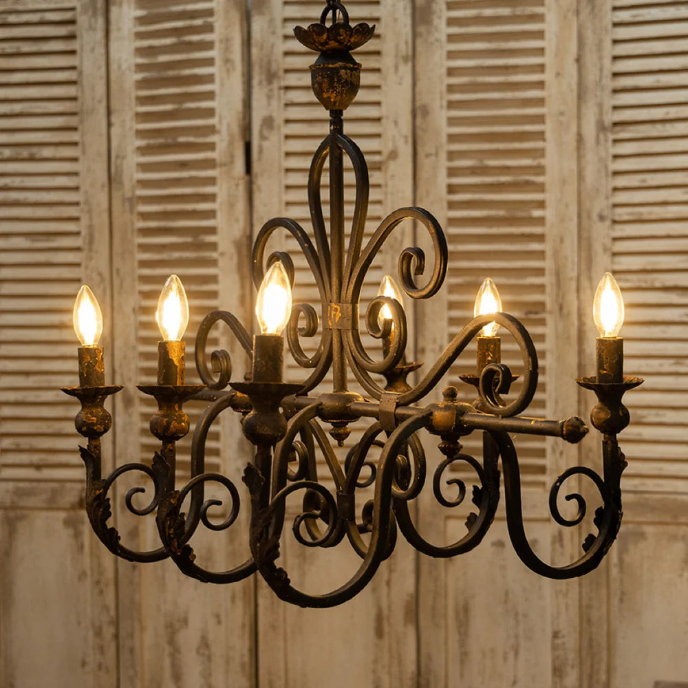 Vintage Wrought Iron 6-Light Candle Chandelier - Elegant Matte Black Fixture For Farmhouse Decor
