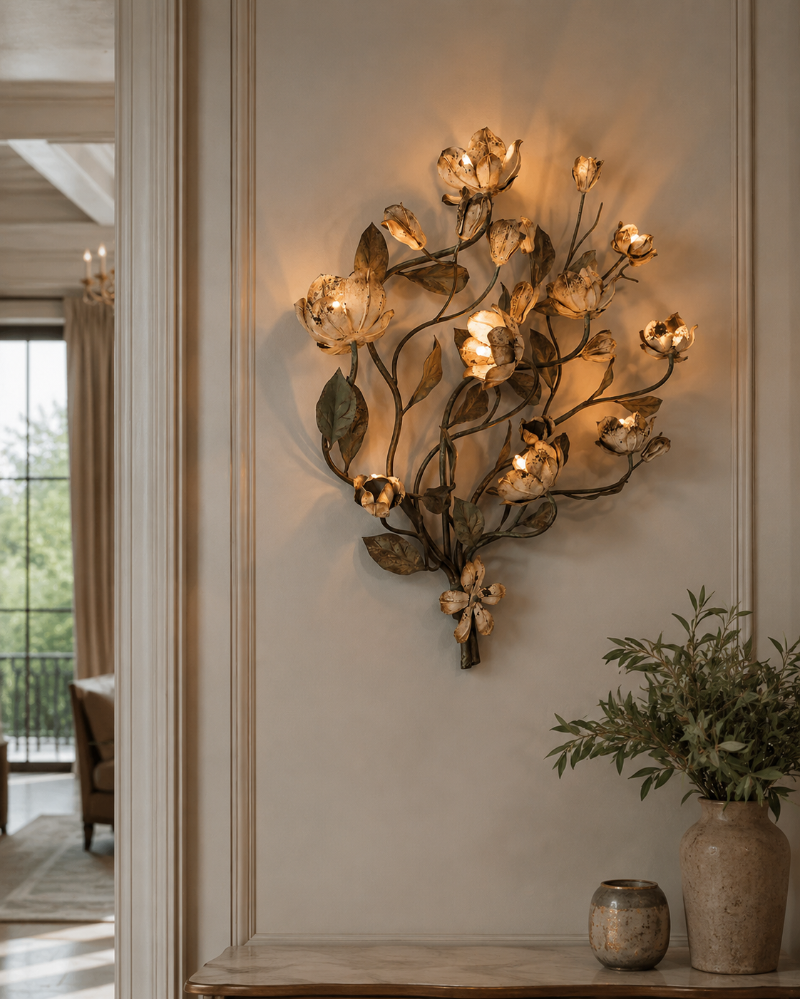 Handcrafted blossom vine wall light