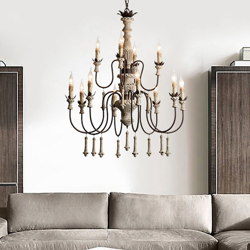 Rustic Brown 2-Tier Wood Chandelier Pendant Light - 12 Heads, Curved Metal Arm - for Living Room
