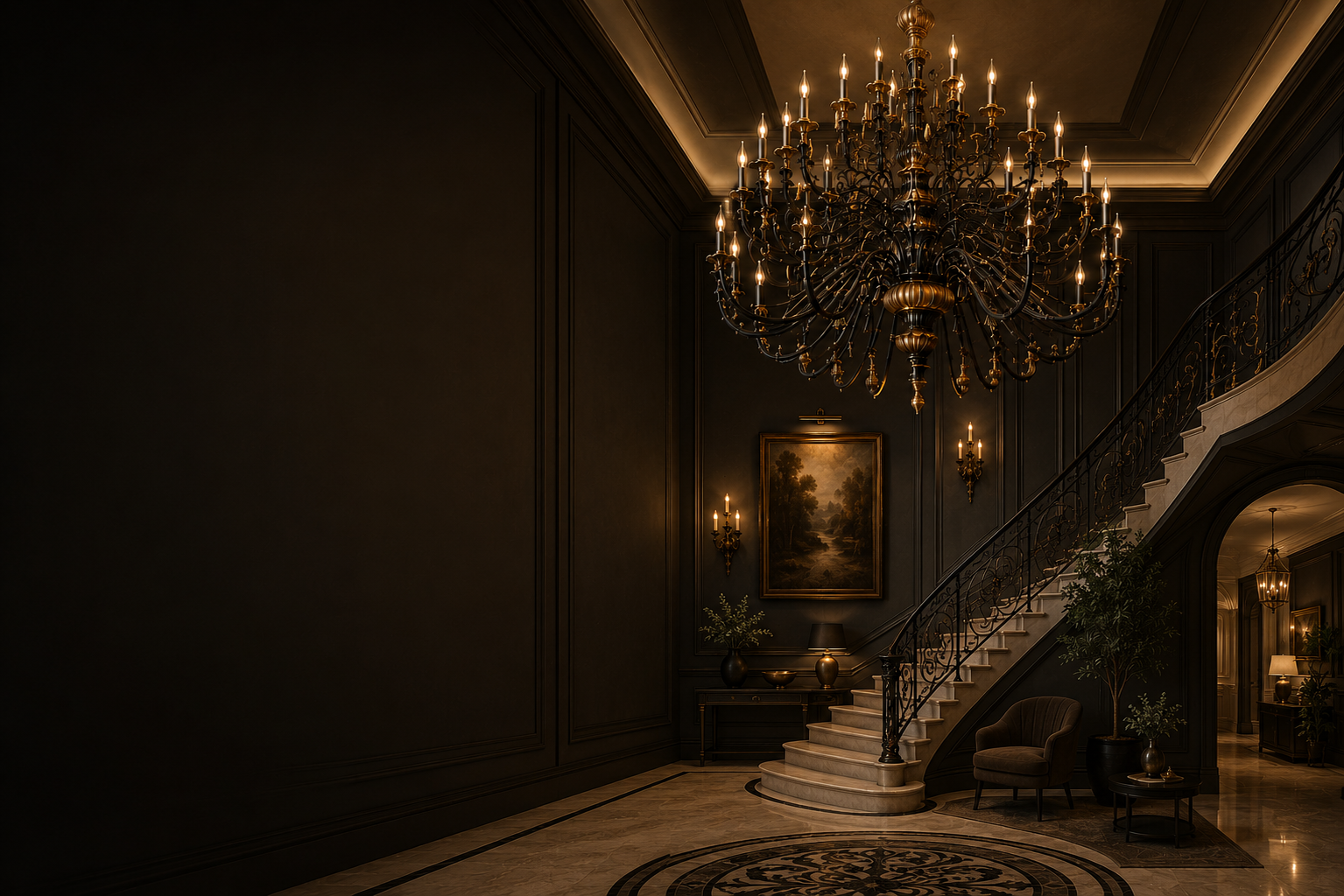 Hand-carved giltwood chandelier with candelabra lights and tassel detailing