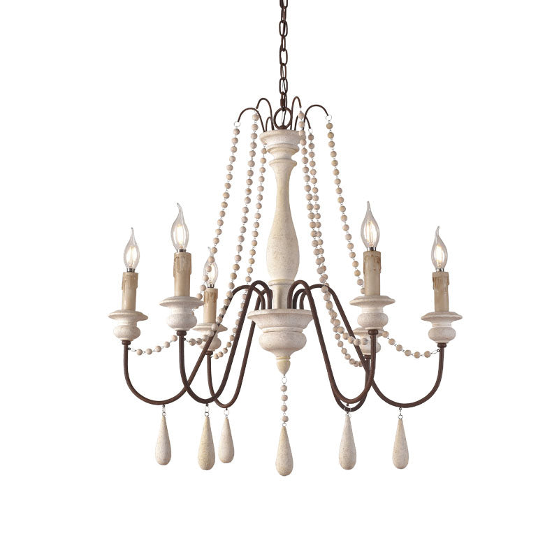 Rustic Wood Chandelier with 6 Bulbs and Bead Strand - Rural Candle Pendulum Light in White